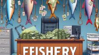 gambar satire efishery gambar ilustrasi ikan tergantung dan meja bertuliskan efishery dengan banyak sekali uang berserakan