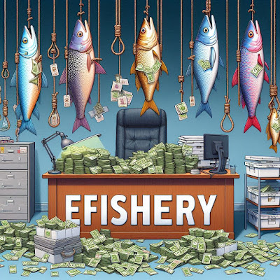 gambar ilustrasi ikan tergantung dan meja bertuliskan efishery dengan banyak sekali uang berserakan