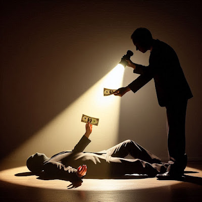 gambar orang sedang disorot menggunakan senter sambil menggengam uang dengan style gambar bayangan