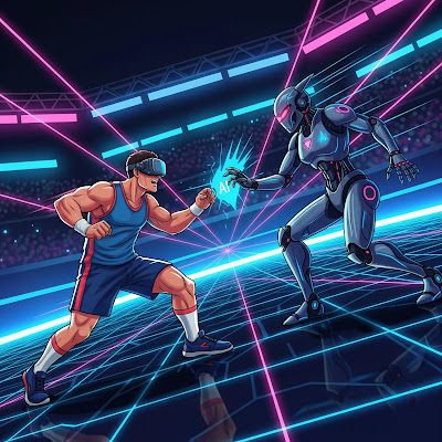 ilustrasi manusia sedang berkelahi dengan AI